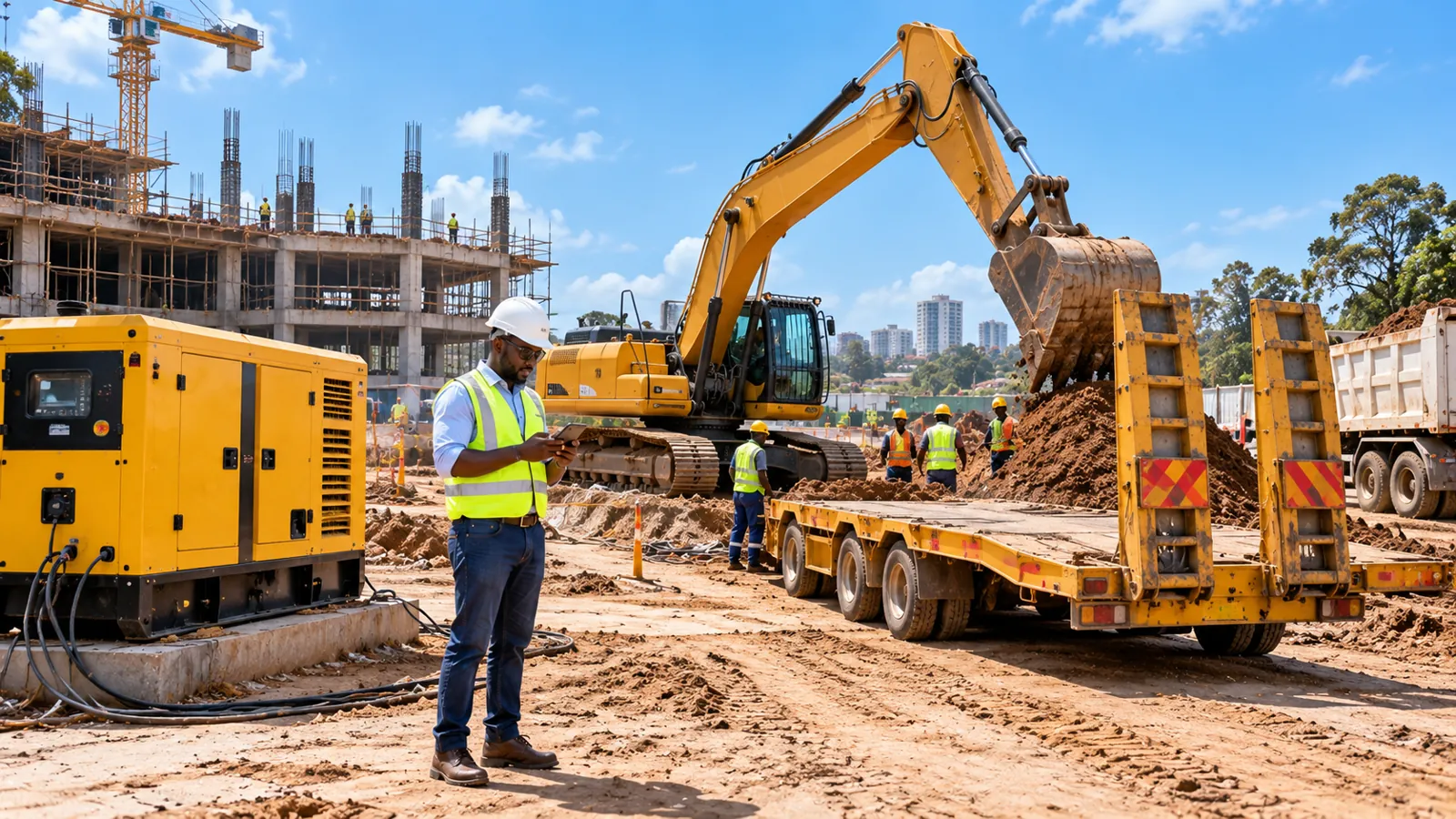 Equipment and a generator on a Kenyan construction site
