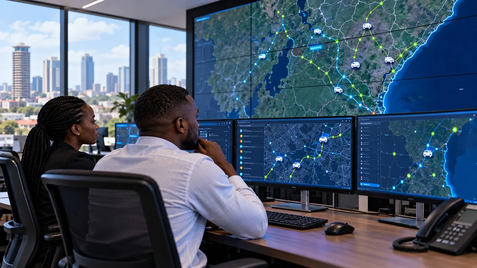 Operators watching a live fleet map in a Nairobi control room