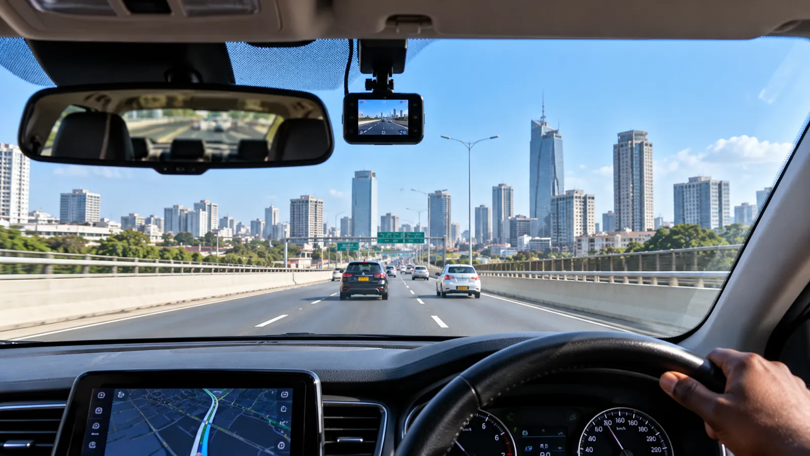 A dash camera behind the mirror on the Nairobi Expressway