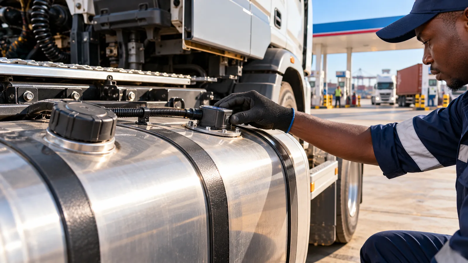 A technician checking a fuel level sensor on a truck tank