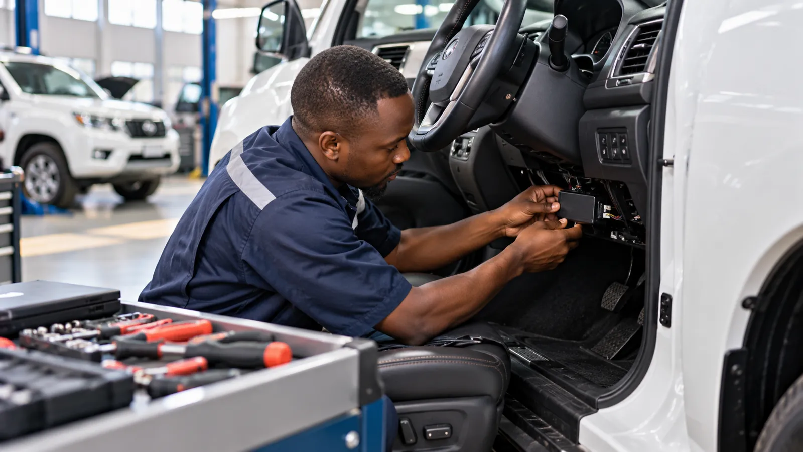 A TMC technician fitting a GPS tracker under a dashboard