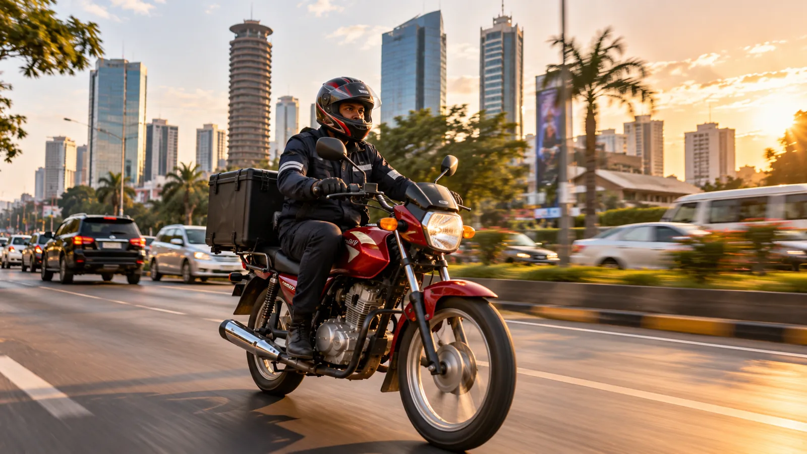 A delivery rider on a motorcycle in Nairobi