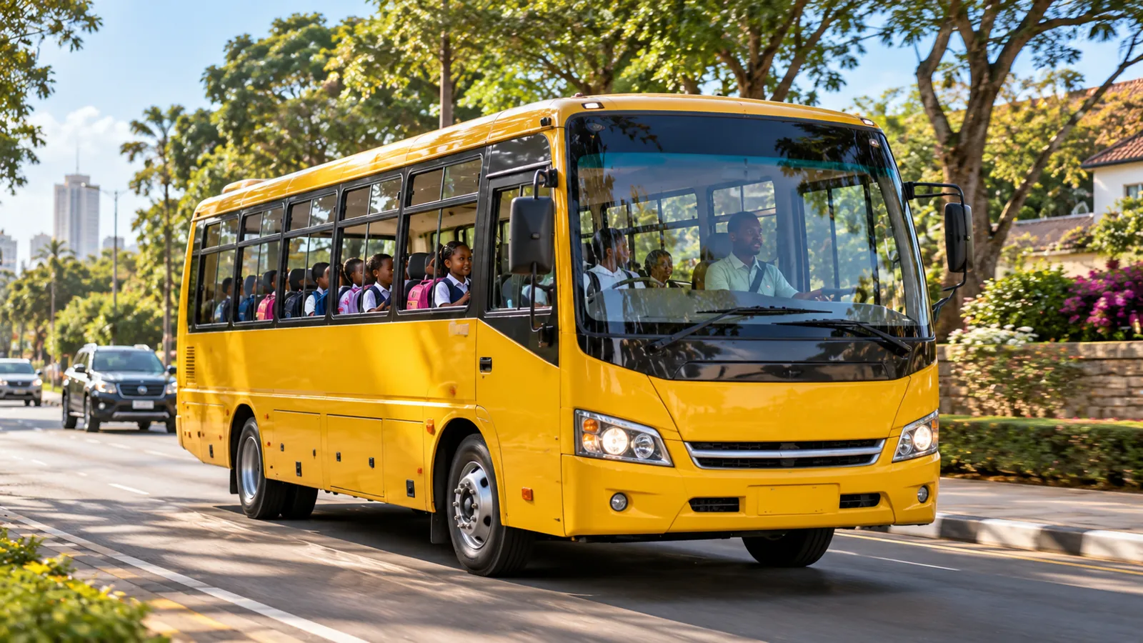 A school bus on a tree lined road in Kenya