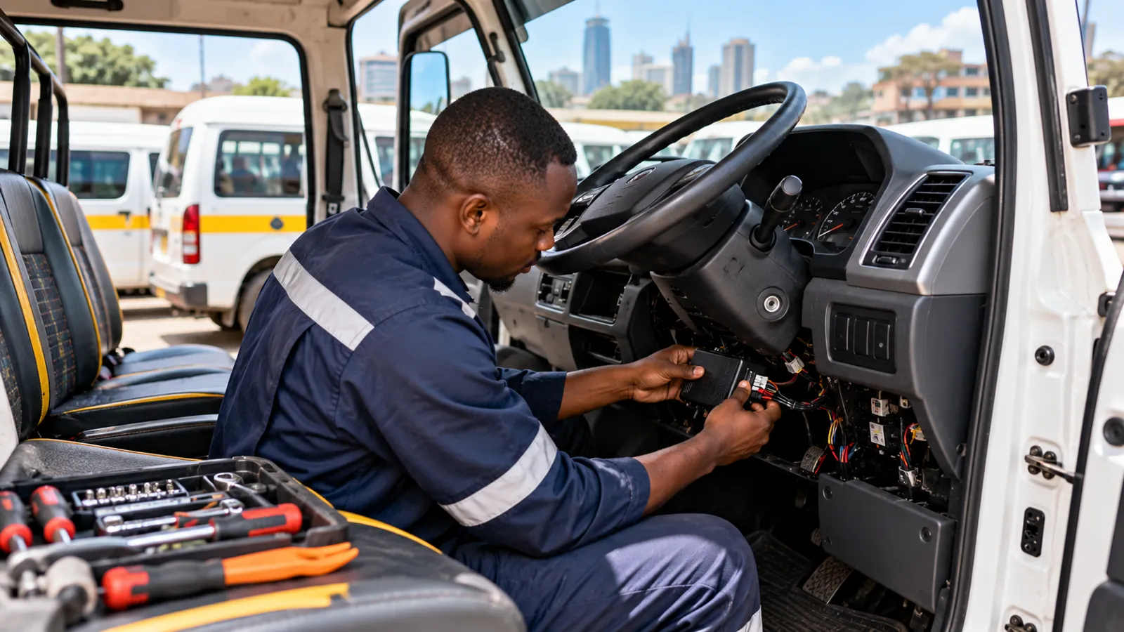 A technician fitting a speed governor in a matatu