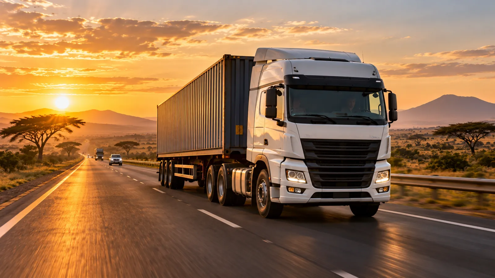 A long haul truck on the Nairobi to Mombasa highway at sunrise